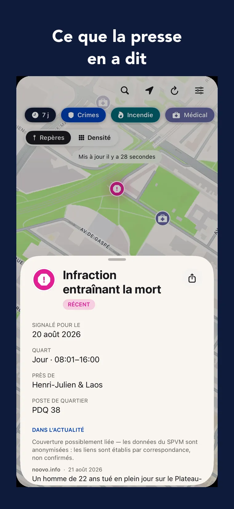 Fiche d’un signalement dans IncidentMTL avec la couverture de presse possiblement liée